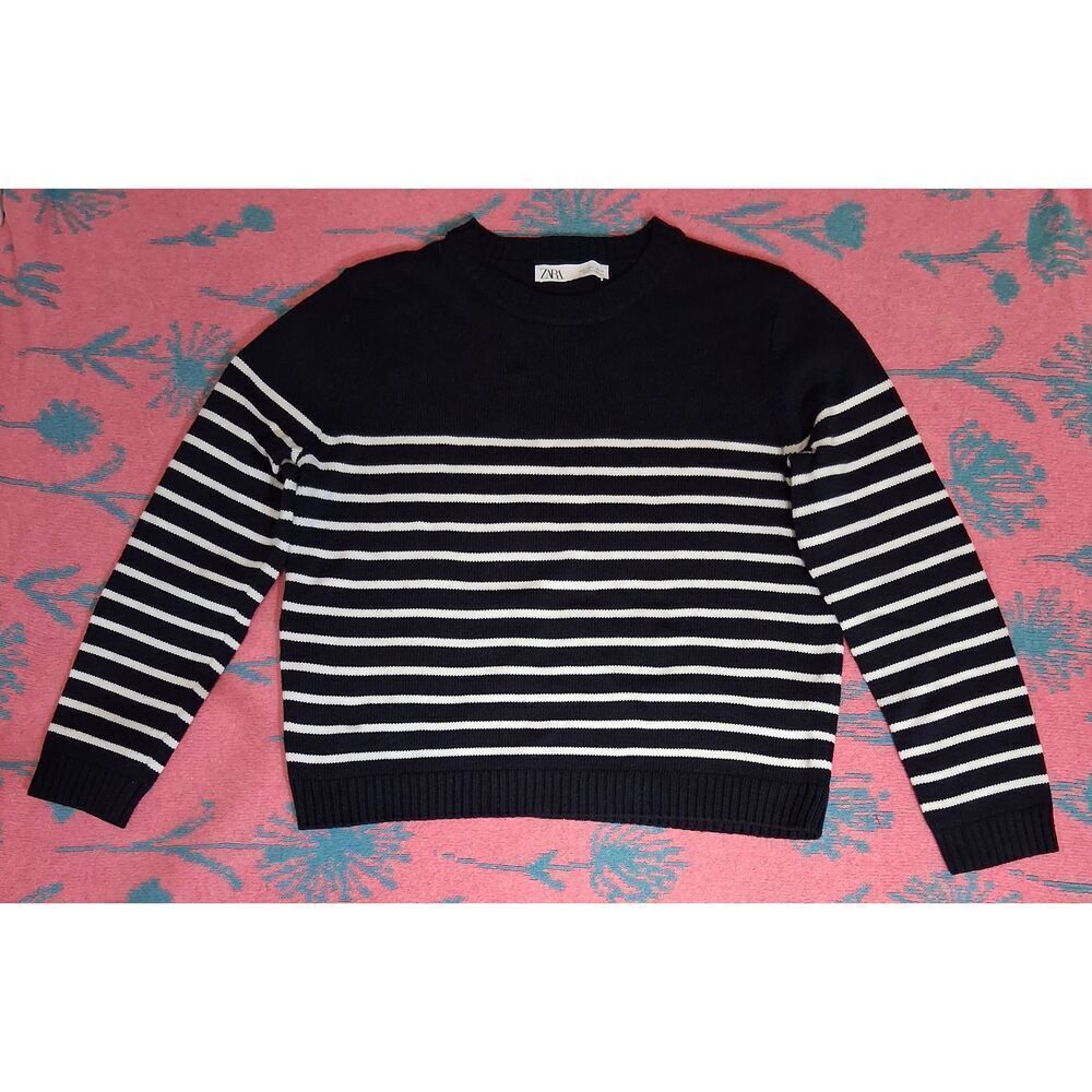Zara womens large boxy sweater spring summer classic blue white wool blend